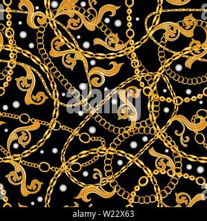 Golden and Silver Chains Baroque Jewelry Seamless Vector Pattern. Gold Accessory Backdrop for fashion Art Design. Decorative Trendy Bandanna Scarf with Pearls Stock Vector