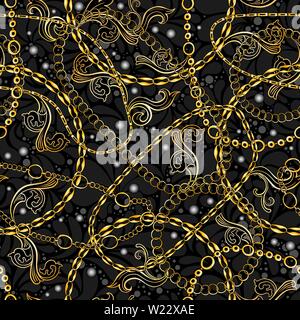 Golden and Silver Chains Baroque Jewelry Seamless Vector Pattern. Gold Accessory Backdrop for fashion Art Design. Decorative Trendy Bandanna Scarf with Pearls Stock Vector
