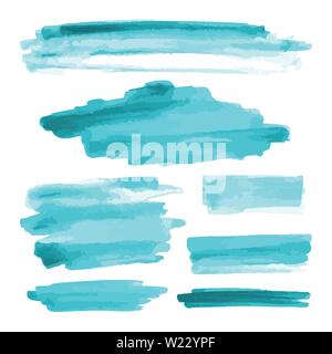 Turquoise, light blue watercolor shapes, splotches, stains, paint brush strokes. Abstract watercolor texture backgrounds set. Isolated on white. Stock Vector