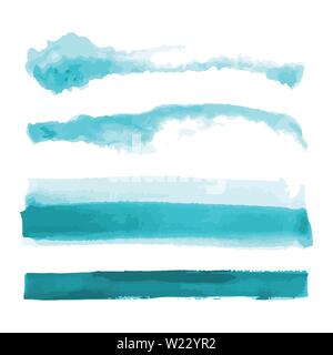 Turquoise, light blue watercolor shapes, splotches, stains, paint brush strokes. Abstract watercolor texture backgrounds set. Isolated on white. Stock Vector