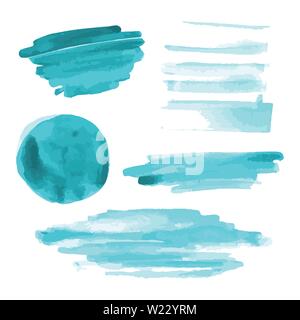Turquoise, light blue watercolor shapes, splotches, stains, paint brush strokes. Abstract watercolor texture backgrounds set. Isolated on white. Stock Vector