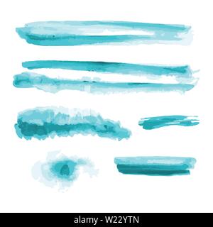 Turquoise, light blue watercolor shapes, splotches, stains, paint brush strokes. Abstract watercolor texture backgrounds set. Isolated on white. Stock Vector
