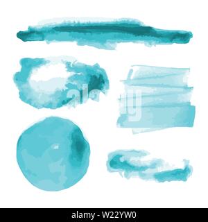 Turquoise, light blue watercolor shapes, splotches, stains, paint brush strokes. Abstract watercolor texture backgrounds set. Isolated on white. Stock Vector