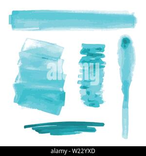 Turquoise, light blue watercolor shapes, splotches, stains, paint brush strokes. Abstract watercolor texture backgrounds set. Isolated on white. Stock Vector