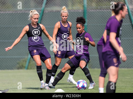 England's Steph Houghton and Demi Stokes battle for the ball during a training session at the Stade Charles-Ehrmann, Nice. Stock Photo