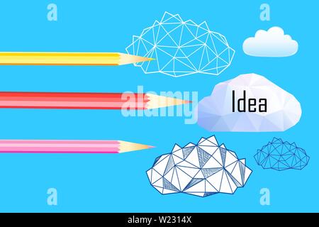 Vector poster with pencils and clouds on a blue background. Design template for design idea for webpage or book cover. Stock Vector
