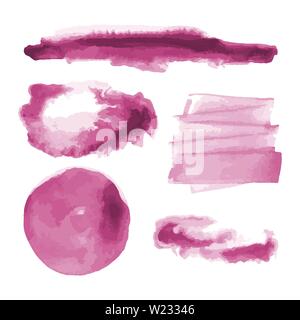 Pink watercolor shapes, splotches, stains, paintbrush strokes. Abstract watercolor texture backgrounds set. Isolated on white background. Stock Vector