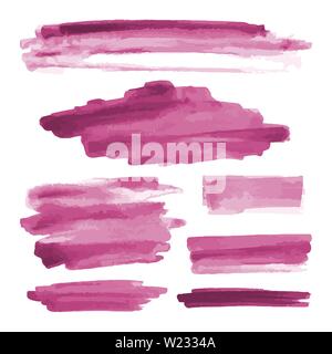Pink watercolor shapes, splotches, stains, paintbrush strokes. Abstract watercolor texture backgrounds set. Isolated on white background. Stock Vector