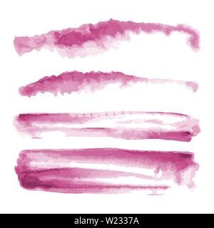 Pink watercolor shapes, splotches, stains, paintbrush strokes. Abstract watercolor texture backgrounds set. Isolated on white background. Stock Vector