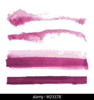 Pink watercolor shapes, splotches, stains, paintbrush strokes. Abstract watercolor texture backgrounds set. Isolated on white background. Stock Vector