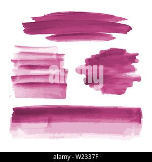 Pink watercolor shapes, splotches, stains, paintbrush strokes. Abstract watercolor texture backgrounds set. Isolated on white background. Stock Vector