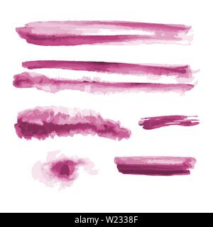 Pink watercolor shapes, splotches, stains, paintbrush strokes. Abstract watercolor texture backgrounds set. Isolated on white background. Stock Vector
