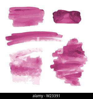 Pink watercolor shapes, splotches, stains, paintbrush strokes. Abstract watercolor texture backgrounds set. Isolated on white background. Stock Vector