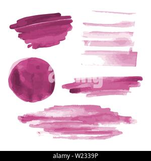 Pink watercolor shapes, splotches, stains, paintbrush strokes. Abstract watercolor texture backgrounds set. Isolated on white background. Stock Vector