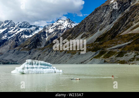 A Tourist Swimming In The Glacial Hooker Lake At The End Of The Hooker Valley Track, Aoraki/Mt Cook National Park, South Island, New Zealand Stock Photo