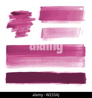 Pink watercolor shapes, splotches, stains, paintbrush strokes. Abstract watercolor texture backgrounds set. Isolated on white background. Stock Vector