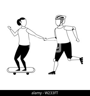 Couple training sports cartoons isolated in black and white Stock Vector