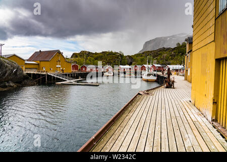 Village of Nusfjord harbor,Lofoten Islands, Norway on a calm spring day Stock Photo