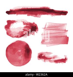 Red watercolor shapes, splotches, stains, paint brush strokes. Abstract watercolor texture backgrounds set. Isolated on white background. Stock Vector