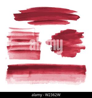 Red watercolor shapes, splotches, stains, paint brush strokes. Abstract watercolor texture backgrounds set. Isolated on white background. Stock Vector