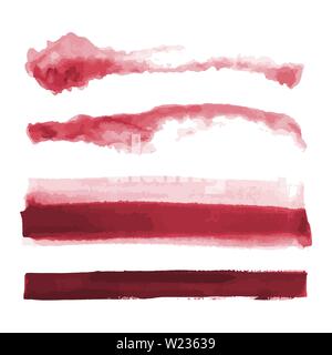 Red watercolor shapes, splotches, stains, paint brush strokes. Abstract watercolor texture backgrounds set. Isolated on white background. Stock Vector