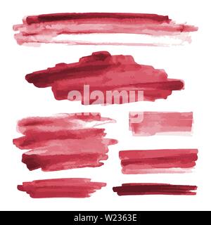 Red watercolor shapes, splotches, stains, paint brush strokes. Abstract watercolor texture backgrounds set. Isolated on white background. Stock Vector