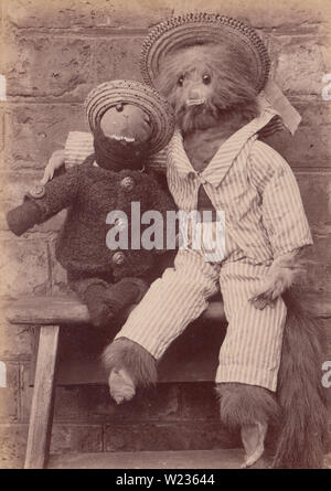 Victorian Photograph of Two Children's Dressed Cuddly Toys called 'Harry' and 'Jacko'. Photo Taken in 1892 at 15 Victoria Road, Chester, Cheshire. Stock Photo