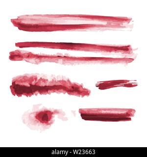 Red watercolor shapes, splotches, stains, paint brush strokes. Abstract watercolor texture backgrounds set. Isolated on white background. Stock Vector