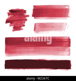 Red watercolor shapes, splotches, stains, paint brush strokes. Abstract watercolor texture backgrounds set. Isolated on white background. Stock Vector
