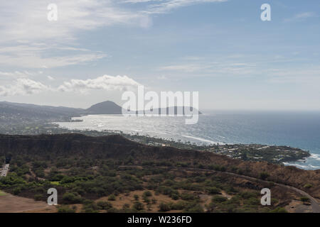 Beautiful aerial panoramic view from the top of the Diamond Head mountain on Oahu, Hawaii Stock Photo