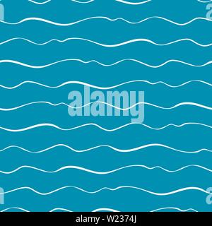 Abstract hand drawn doodle sea waves. Seamless geometric vector pattern on ocean blue background. Great for marine themed products, spa, wellness Stock Vector