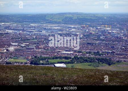 Belfast City from the Black Mountain Ridge Trail in County Antrim, Northern Ireland, UK. Stock Photo