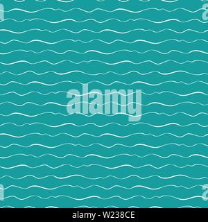 Abstract hand drawn doodle sea waves with varying thickness. Seamless geometric vector pattern on ocean blue background. Great for marine themed Stock Vector