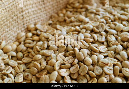 Pile of unroasted coffee beans in the burlap bag Stock Photo