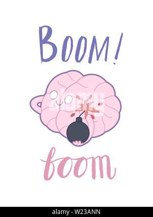A vector outlined flat cartoon illustrated poster of a brain holding the bomb in its hands, the metaphor of patience, accompanied with a lettering Boo Stock Vector