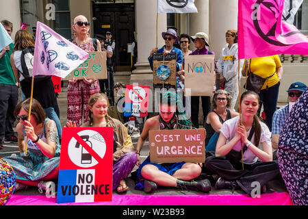 London, UK. 5th July 2019. Extinction Rebellion protest at the French Embassy in solidarity with XR France protesters who were brutally attacked by police during a peaceful protest on a Paris bridge. Police pepper-sprayed the faces of sitting protesters at close range causing burns, pulling sunglasses from one to spray directly into eyes, and injured some by dragging forcefully across the road. Credit: Peter Marshall/Alamy Live News Stock Photo