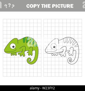 Iguana or chameleon to be colored. Coloring book for children. Visual game. Copy the picture, the simple educational game for preschool children Stock Vector