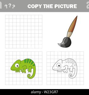 Iguana or chameleon to be colored. Coloring book for children. Visual game. Copy the picture, the simple educational game for preschool children Stock Vector