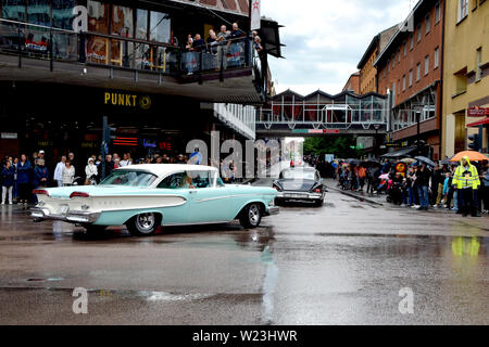 Old cars cruising in Västerås city during Summer Meet - one of the biggest carshows in Europe Stock Photo