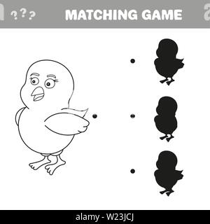 Shadow matching educational game for children. Find the right shadow. Activity for preschool kids and todders. Cartoon chicken Stock Vector