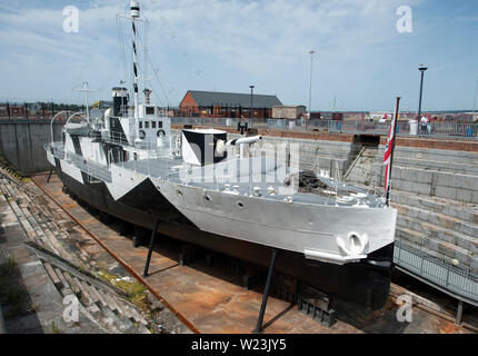 HMS M33, M29-class monitor boat, Portsmouth Historical Dockyard, Portsmouth, Hampshire, England, United Kingdom Stock Photo