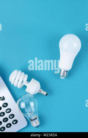 Energy and money saving and eco-friendly life in conceptual composition. Creative top view flat lay of new and old light bulbs and calculator with cop Stock Photo