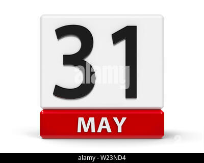 Red and white calendar icon from cubes - The Thirty First of May - on a white table - World No Tobacco Day, three-dimensional rendering, 3D illustrati Stock Photo