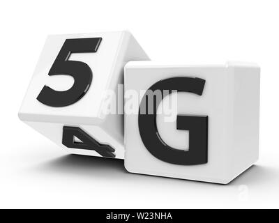 White cubes with flip cube create 5G - on a white table, three-dimensional rendering, 3D illustration Stock Photo