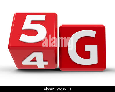 Red cubes with flip cube create 5G - on a white table, three-dimensional rendering, 3D illustration Stock Photo