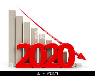 Red business graph with red arrow down, represents decrease in the year 2020, three-dimensional rendering, 3D illustration Stock Photo