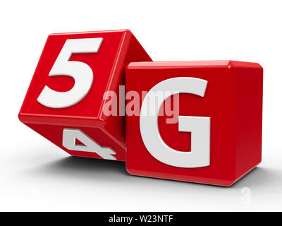 Red cubes with flip cube create 5G - on a white table, three-dimensional rendering, 3D illustration Stock Photo
