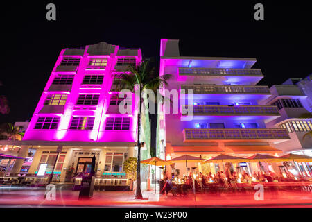 Night view of Street Ocean Drive, Art Deco Building and Hotels.