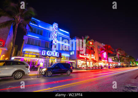 Night view of Street Ocean Drive, Art Deco Building and Hotels.