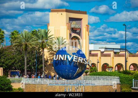 The famous Universal Globe at Universal Studios Florida theme park. Night view. Universal Walk. Florida. Orlando. USA. Stock Photo